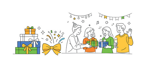 Naklejka premium A festive end of year moment where friends exchange thoughtful presents and celebrate new beginnings during a lively holiday gathering filled with decorations and cheerful energy