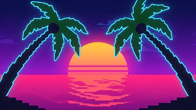 Vibrant pixel art tropical sunset scene.