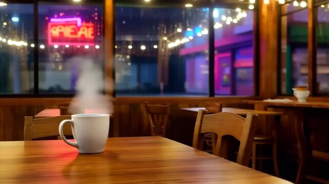 Warmly lit cozy interior on a rainy evening inviting refuge with wooden furniture steaming coffee serene atmosphere