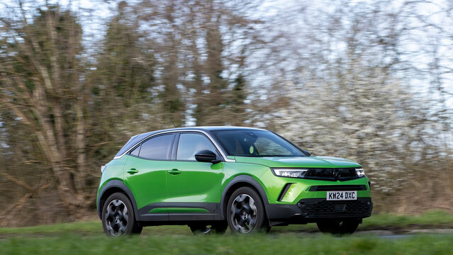 Milton Keynes,Bucks,UK - Mar 1st 2026: 2024 green Vauxhall Mokka suv car driving on a British road