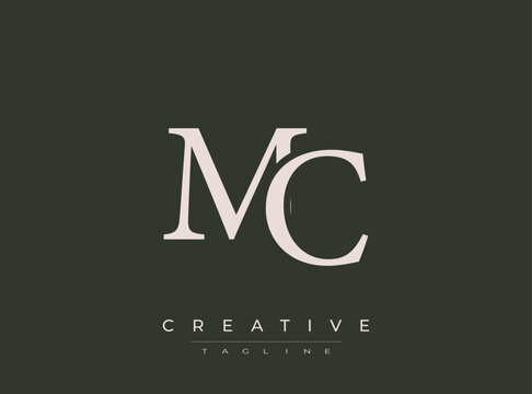 MC monogram logo template with creative tagline on dark background