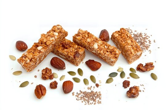 Nut bars with seeds on white background