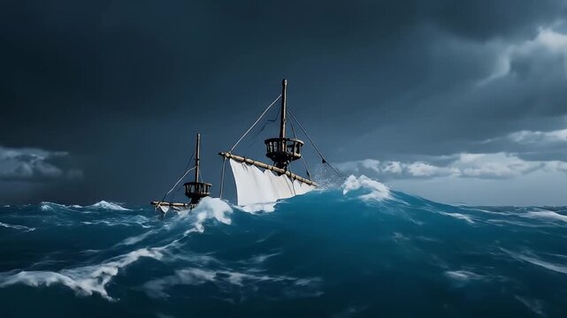 Vintage Sailing Ships in Rough Stormy Seas.