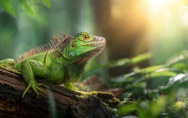 Fototapeta premium Realistic Iguana Perched on Tropical Tree in Lush Green Environment