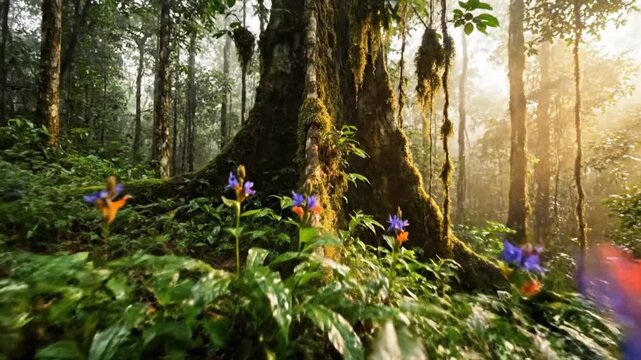 Ancient Moss-Covered Tree Footage in Lush Forest with Sunlight and Ferns
