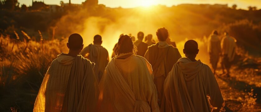  Rear view of biblical disciples walking towards a glowing sunset on a dusty road. Christian apostles, spiritual journey, and faith concept.