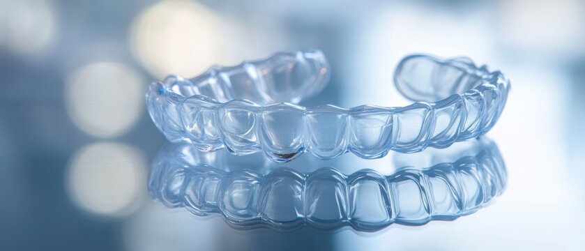 Close-up of a clear dental aligner (invisible braces) on a reflective glass surface with blue bokeh background. Orthodontic treatment and aesthetic dentistry banner.
