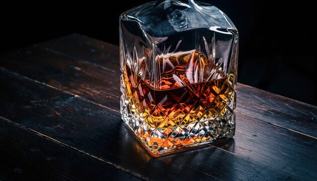 Detailed crystal decanter filled with amber whiskey resting on a dark wooden table, showcasing rich beverage detail