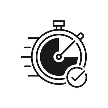 Stopwatch with checkmark, linear icon. Time management and deadline control. Line with editable stroke.