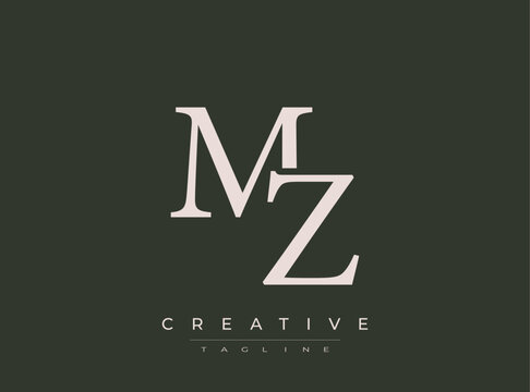 MZ monogram logo design with creative tagline on dark background