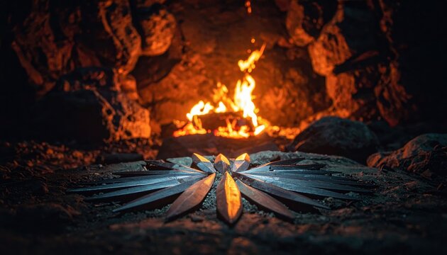 Sharpened flint arrowheads arranged in a concentric pattern before a warm, glowing fire, symbolizing ancient craftsmanship and history.