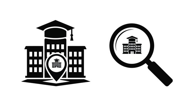 Black and white icons depicting education research and location