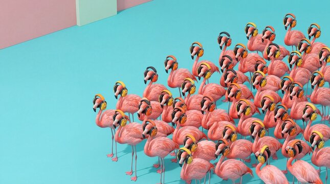 Flock of pink flamingos wearing headphones on blue and pink background surreal music concept
