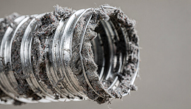 Close-up of a severely clogged dryer vent hose, filled with thick, matted lint and dust, highlighting maintenance needs for home safety and efficiency