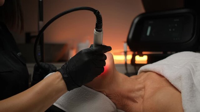 Cosmetologist performing a non-surgical facelift with RF lifting equipment on a client's face