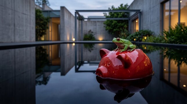 Green tree frog sitting on red piggy bank floating in modern courtyard pool