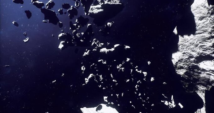 probe navigating loose asteroid swarm overhead, sensors active, subtle engine glow, precise maneuvers between scattered rocks, telemetry beam, mapping mission