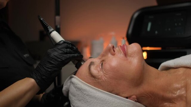 Beautician using a professional machine for a non-surgical facelift procedure on a client's face