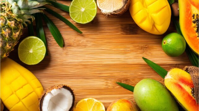 Top View of Tropical Fruits on Wooden Cutting Station for Fresh Recipes