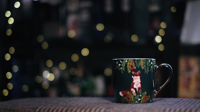 Fresh steaming tea, coffee or hot chocolate in a Christmas mug. Cozy winter atmosphere with a cute fox decorated dark green cup and fairy lights bokeh in the background. Close-up of seasonal hot drink