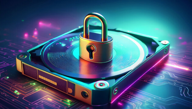  Hard drive with padlock and data protection label security ai illustration 