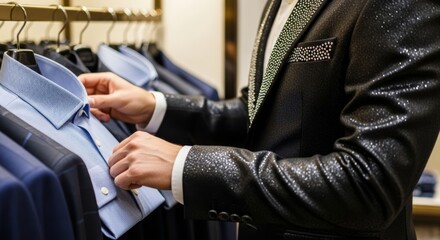 Man shopping for shirt in clothing boutique. Elegant customer choosing formal attire in apparel store. Fashion retail concept for style selection and wedding or evening event preparation.
