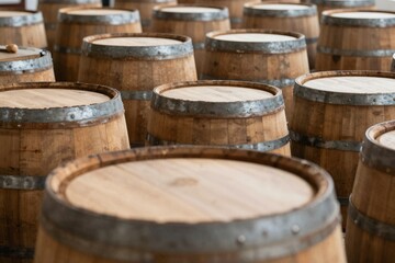 Fototapeta premium Row of Wooden Barrels - Rustic Storage Solutions
