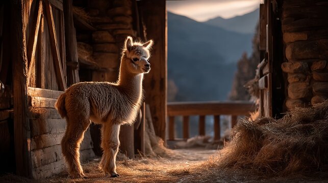 Young Alpaca Cria Nibbling on Hay in Rustic Farm Setting at Sunset