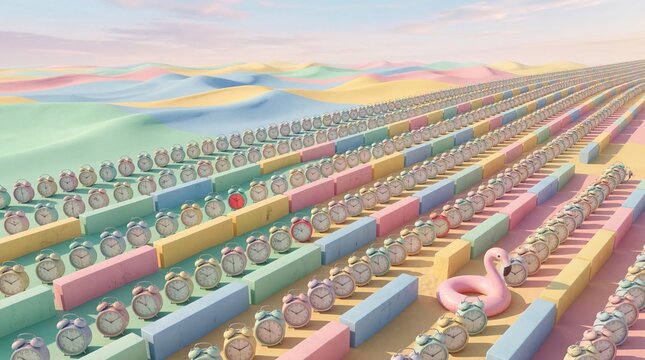 Infinite rows of alarm clocks and colorful blocks in a pastel desert with a pink flamingo float surreal concept