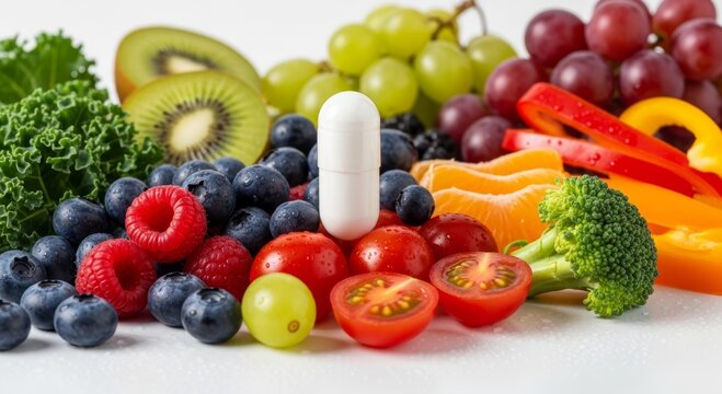 White medical pill surrounded by fresh fruits and vegetables. Organic food concept with dietary supplement. Healthy nutrition, vitamin intake and balanced diet for body wellness.
