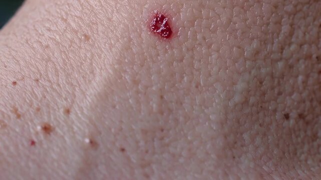 Detailed Skin Closeup. Highresolution Photograph Displaying Skin Lesion With Pore Texture And Bleeding. Detailed Closeup Capturing Early Healing Process Of Bleeding Skin Wound With Textured Surface