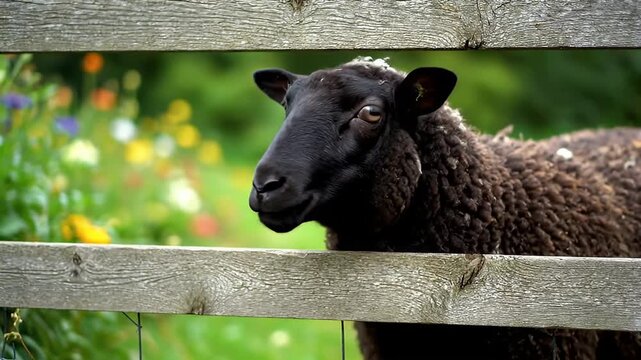 Black sheep behind wooden fence looking.