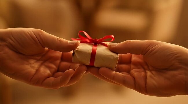 Two hands gently offering a small gift box tied with red ribbon