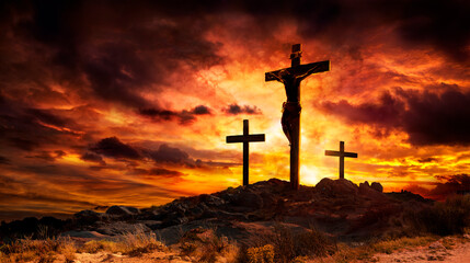 Plakat Crucifixion - Jesus Crucifix On Cross With Dramatic Sky At Sunset - Orange Clouds With Hill In Silhouette