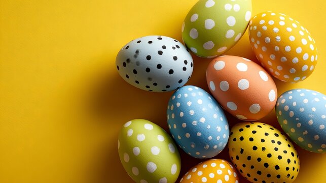 A collection of colorful Easter eggs with white and black polka dots on a yellow background