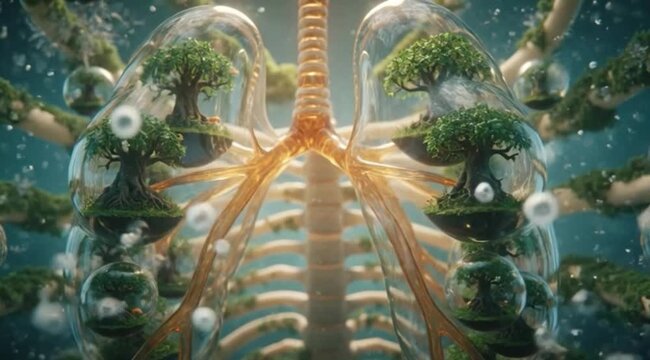 Human lungs anatomy with miniature green forests inside glass bubbles symbolizing environmental health and oxygen