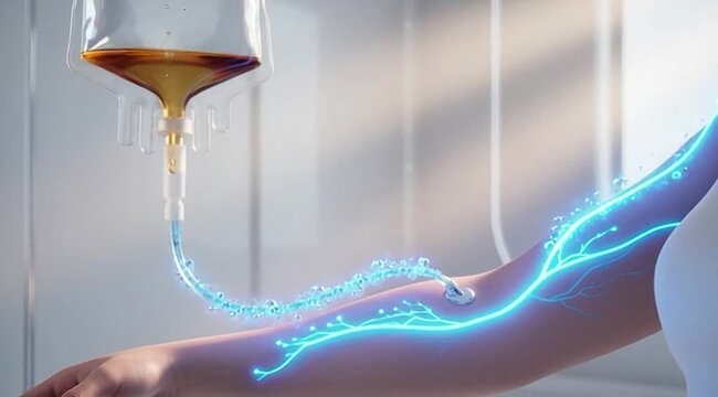 Medical IV drip infusion into arm with futuristic glowing blue veins visualization in a bright hospital setting
