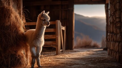Fototapeta premium Young Alpaca Cria Nibbling Hay in Serene Barn Environment at Sunset