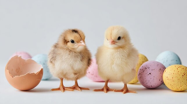 Two adorable baby chicks standing next to colorful Easter eggs and a broken eggshell on a plain white background