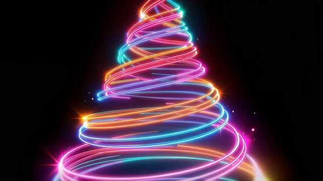 Neon spiral light forming tree shape on black background with glowing colorful lines in abstract composition