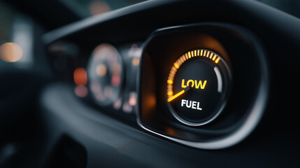 Low fuel warning light glowing on modern car dashboard. Digital indicator showing empty gasoline tank. Automotive alert for vehicle maintenance, urgent travel need and energy consumption.