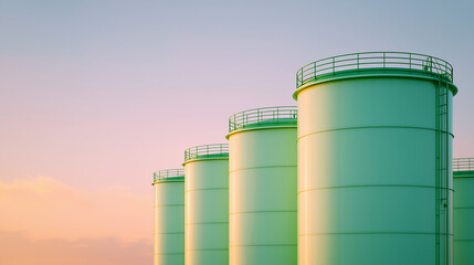 Obraz premium Green fuel storage tanks at sunset. Large industrial containers for petroleum and chemical supply. Infrastructure for energy production and logistics. Concept of global oil trade industry.