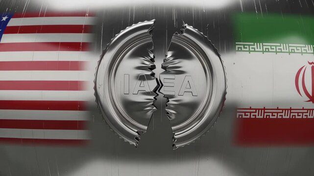 Broken seal with logo between flags of USA and Iran. Geopolitical concept of failed international nuclear agreement. Tension in global diplomacy and defense strategy.