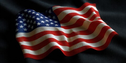 Obraz premium Close-up of a wavy United States flag with stars and stripes on a dark textured background.