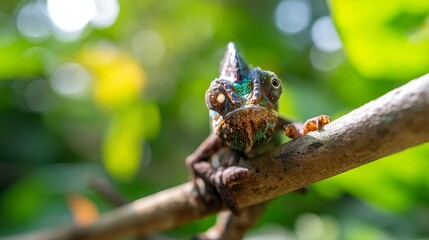 Obraz premium Colorful Chameleon Gripping a Thin Branch in a Lush Green Environment