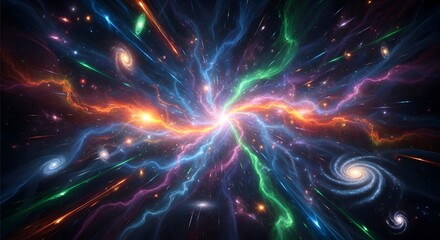Obraz premium Vibrant abstract cosmic energy radiating through a dark universe, featuring colorful swirling nebulae, distant galaxies, and glittering stars creating an immersive background.