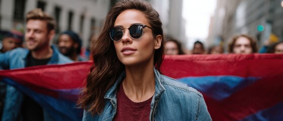 Naklejka premium Confident young woman in sunglasses leading a colorful street protest, standing in front of a large flag in an urban city march.
