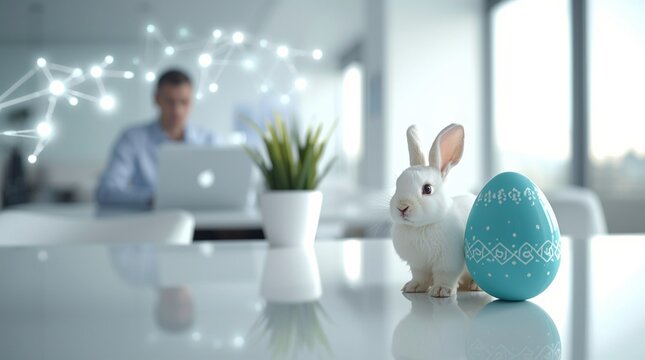 White Easter bunny beside a decorated blue egg on a glossy office desk with a blurred remote worker and digital network overlay in the background