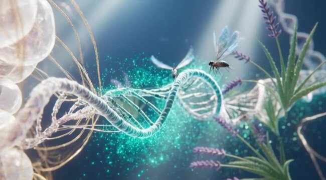 Human intestinal tract with DNA helix and herbal plants representing gut health and holistic biotechnology medicine