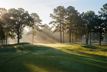 Obraz premium Lush green golf course fairway with morning sun rays